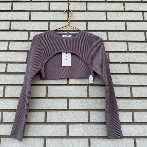 NWT Re_Styld Women's Purple Ribbed Long Sleeves Crew Neck Crop Sweater Top - Picture 5 of 10